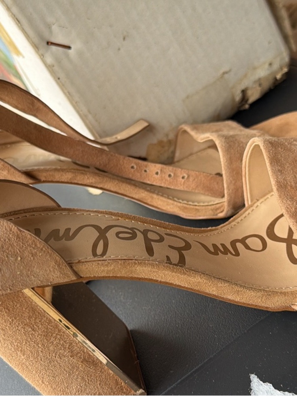 Sam Edelman Tan Suede Block Heel Sandals with Ankle Strap - Picture 2 of 4